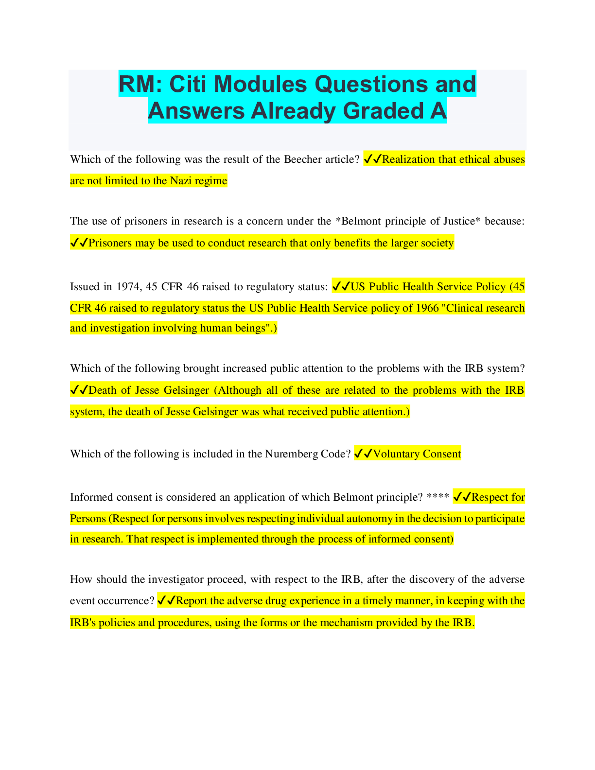RM Citi Modules Questions and Answers Already Graded A Browsegrades